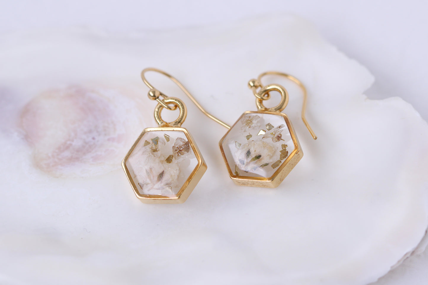 Gold Mini Hexagon Earrings with White Flowers