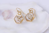 Gold Mini Hexagon Earrings with White Flowers