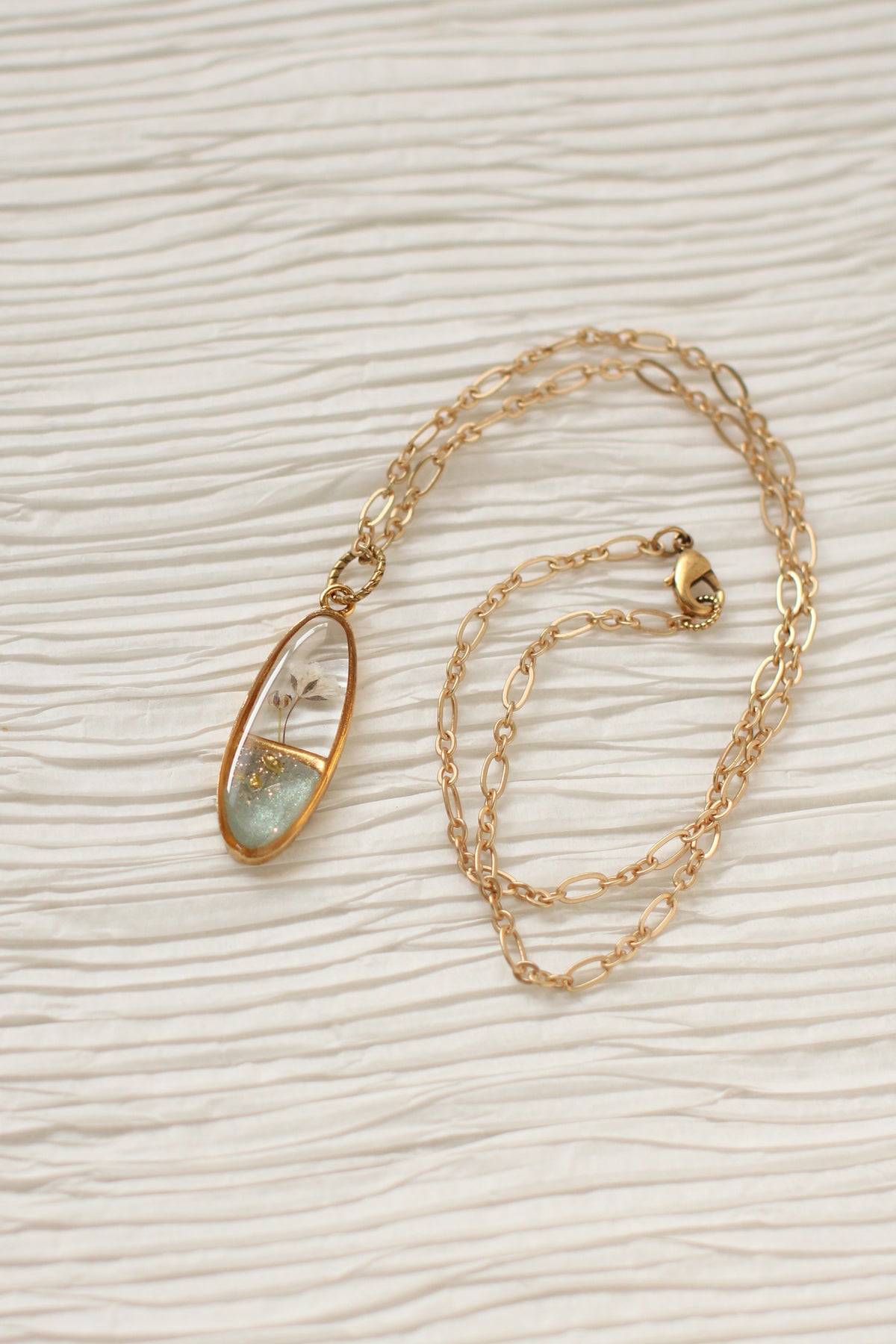 Gold and Sage Green Floral Necklace | Handmade Jewelry with Flowers