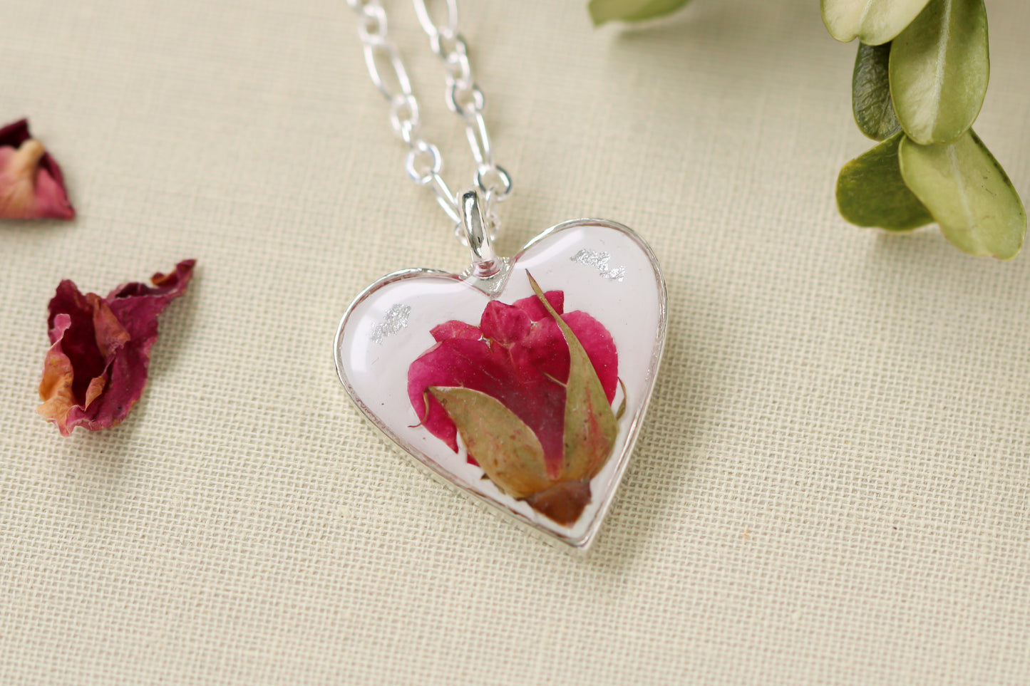 silver plated heart pendant with genuine dried red rose