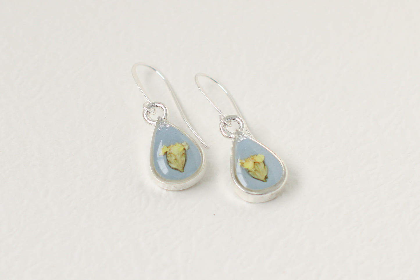 Light Blue and Silver Teardrop Earrings with Yellow Yarrow | Handmade Resin and Flower Earrings