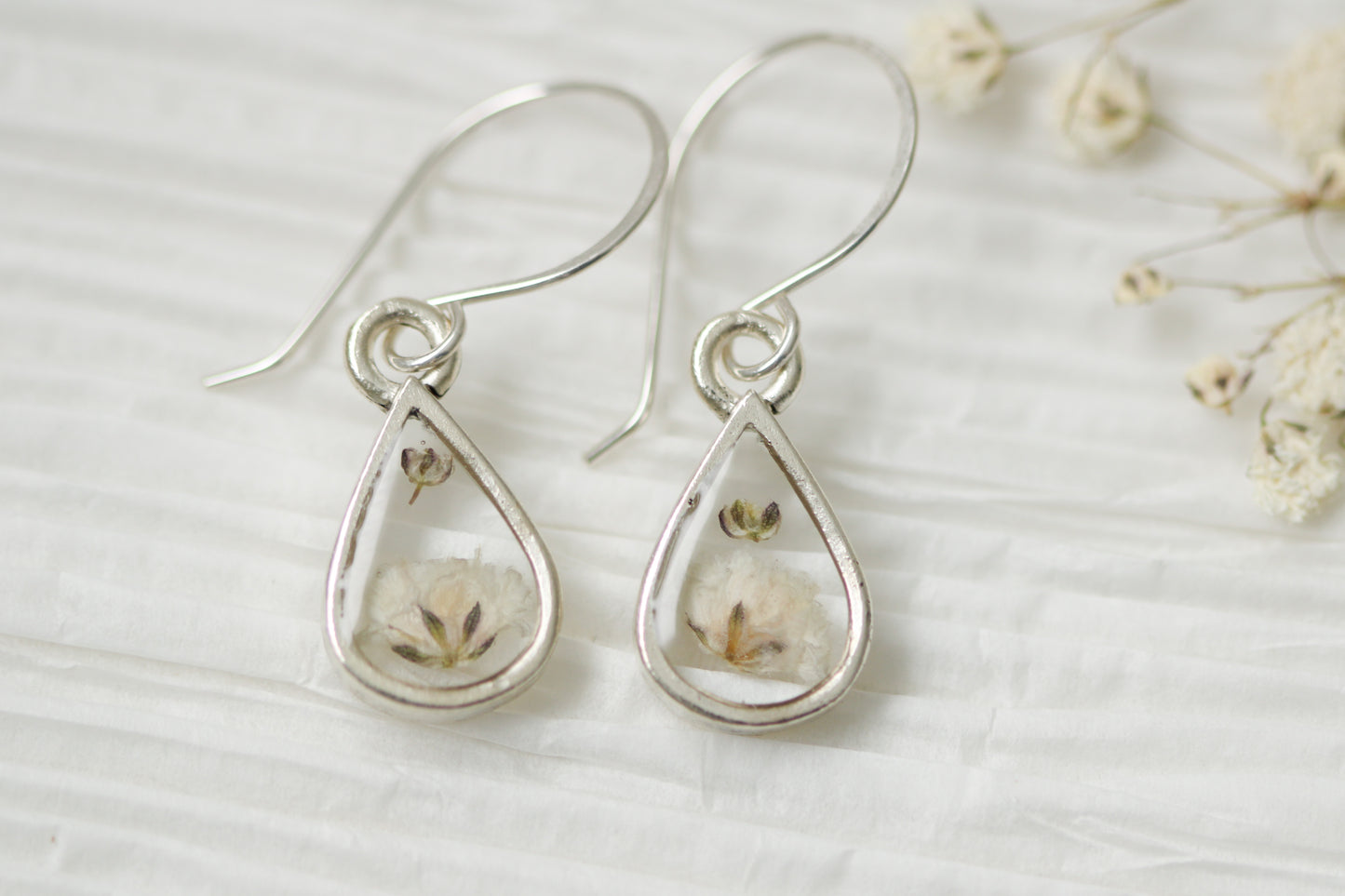 Silver Mini Teardrop Earrings with White Flowers