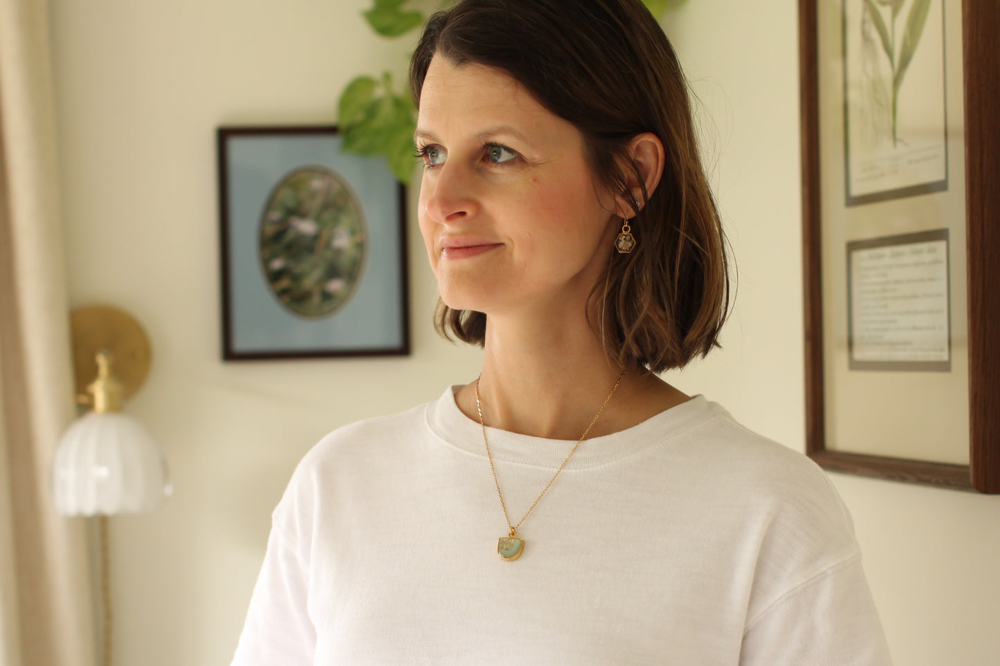 Gold and Sage Shimmer Half Oval Necklace | Handmade Resin and Clay Jewelry