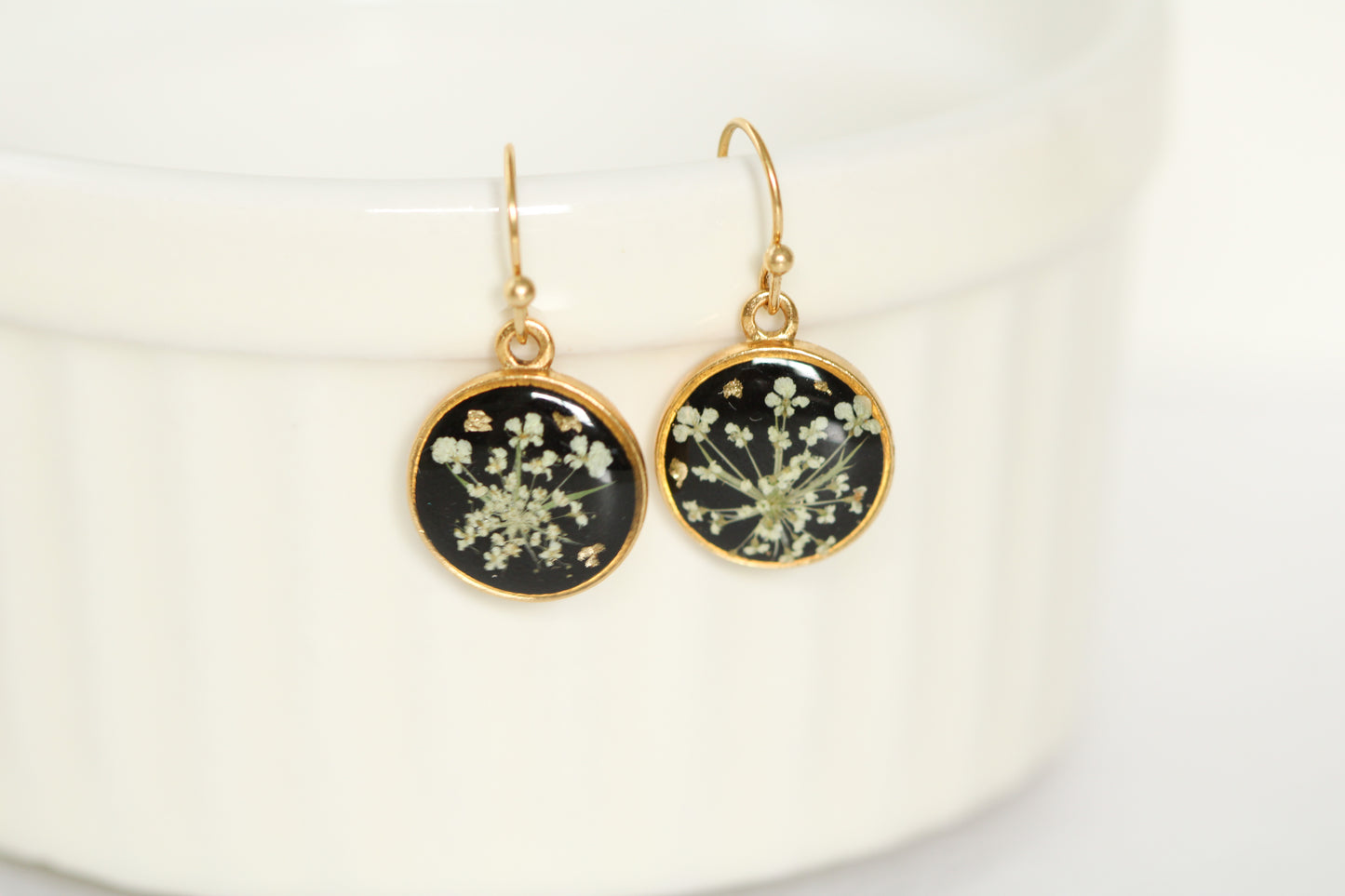 Real Queen Anne’s Lace Circle Earrings in Black and Gold - Handmade Resin and Flower Earrings