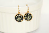 Real Queen Anne’s Lace Circle Earrings in Black and Gold - Handmade Resin and Flower Earrings