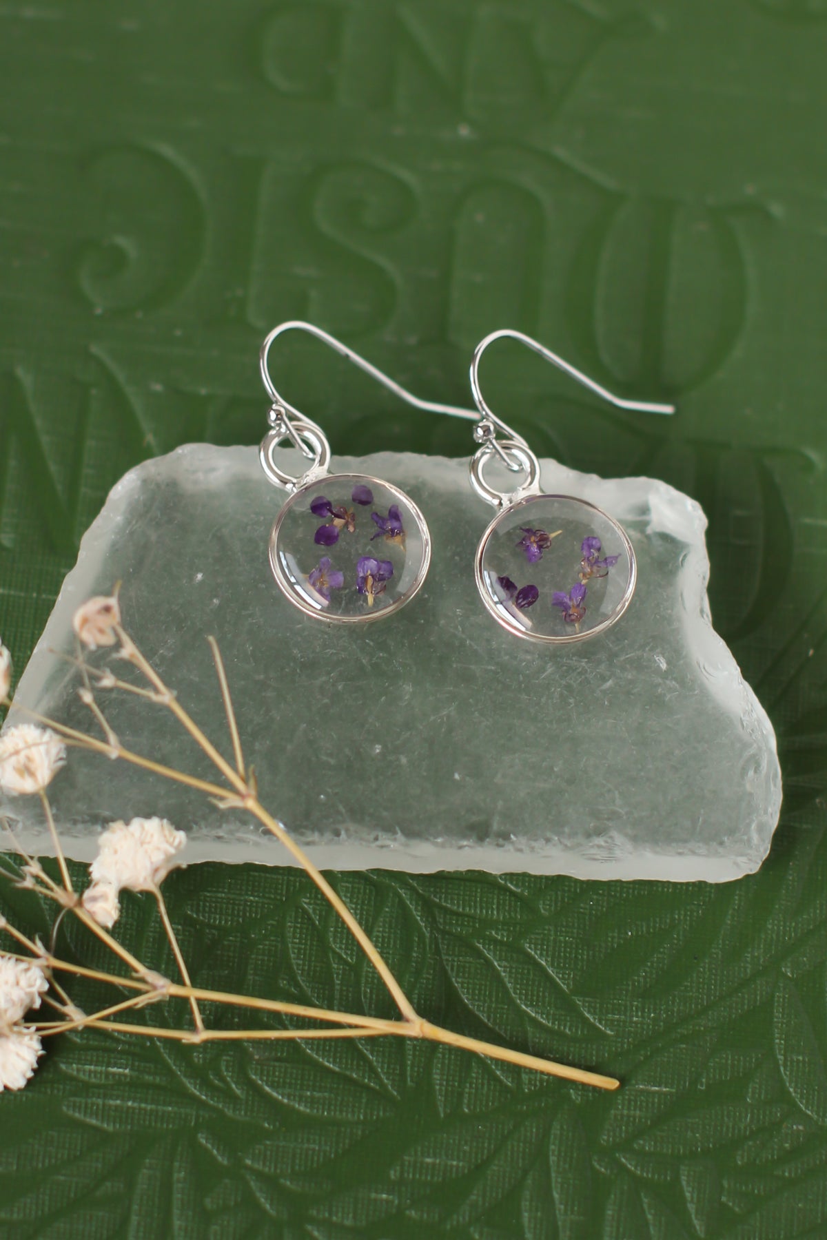 Silver Mini Circle Earrings with Purple Flowers