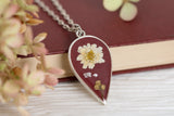 Burgundy and Silver Large Pendant with Feverfew and Flowers