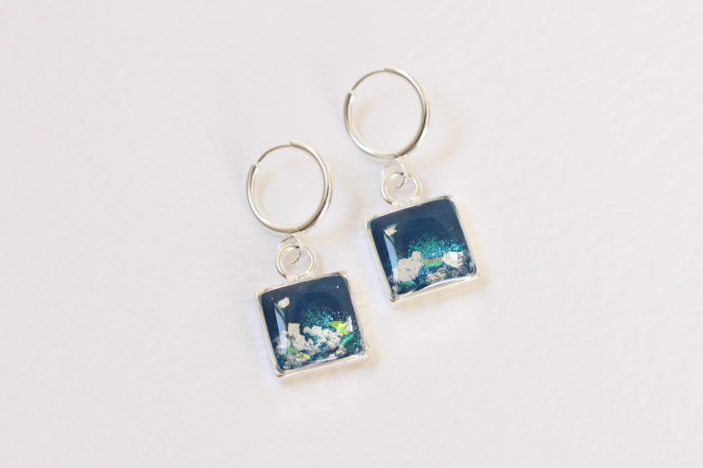 pair of blue and silver square dangle earings handmade resin and clay