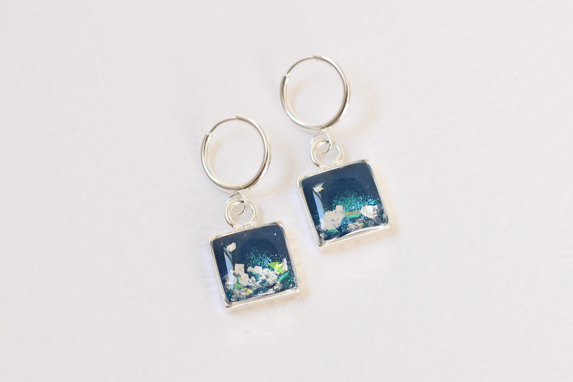pair of blue and silver square dangle earings handmade resin and clay