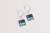 pair of blue and silver square dangle earings handmade resin and clay