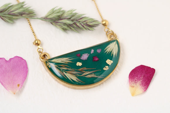 Dark Green Half Moon Botanical Necklace