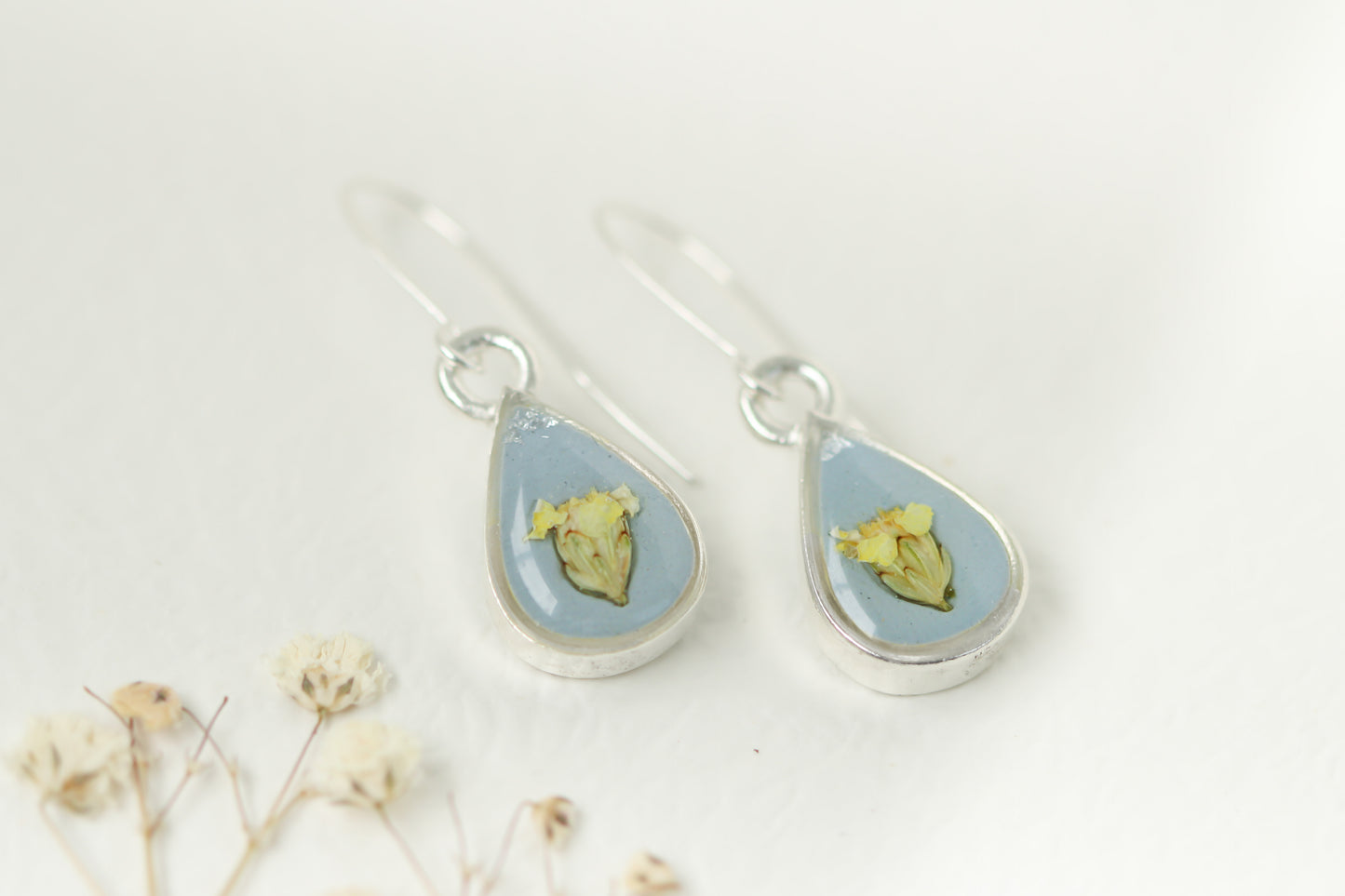 Light Blue and Silver Teardrop Earrings with Yellow Yarrow | Handmade Resin and Flower Earrings