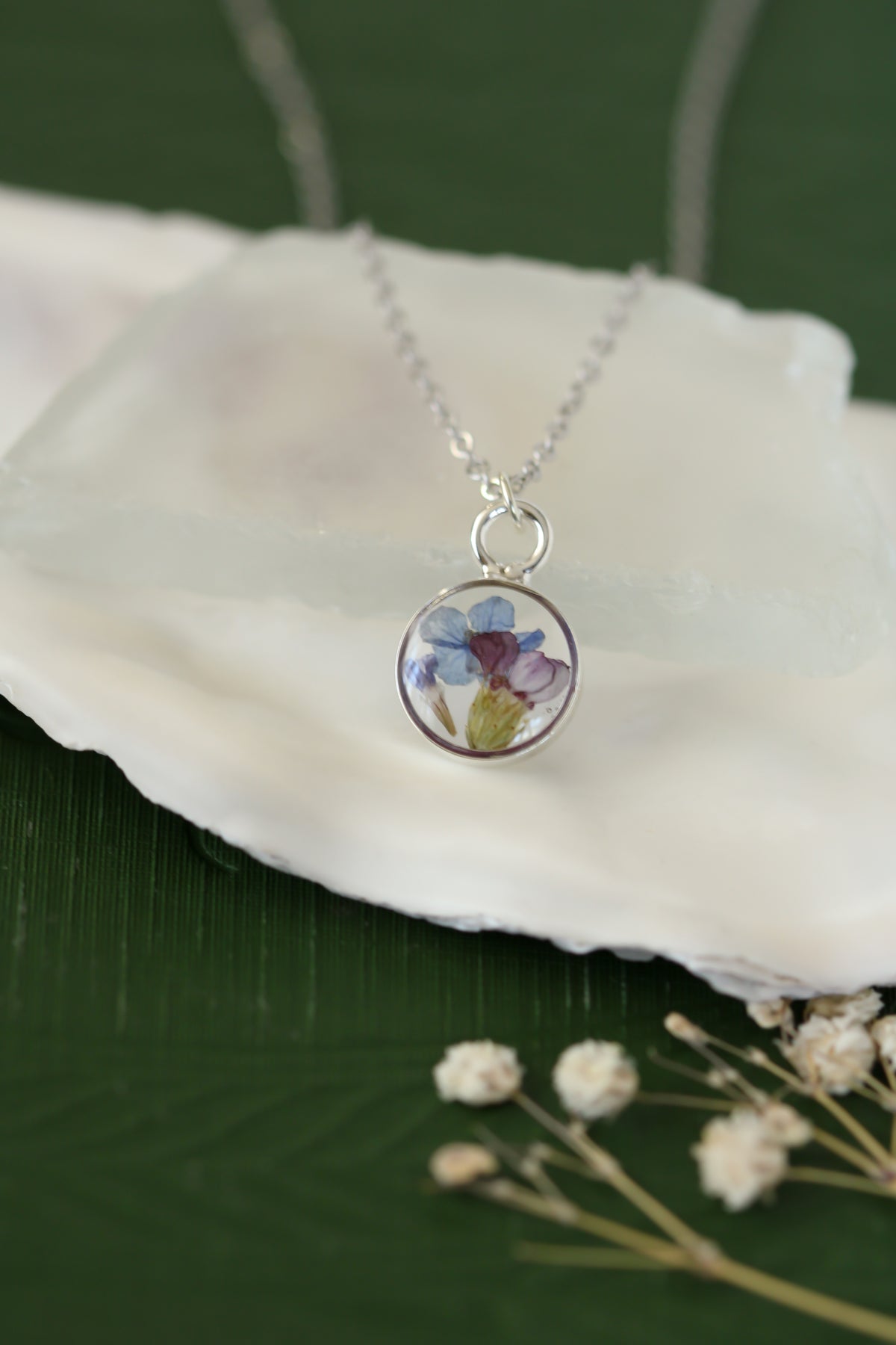 Silver Mini Circle Necklace with Blue Flowers