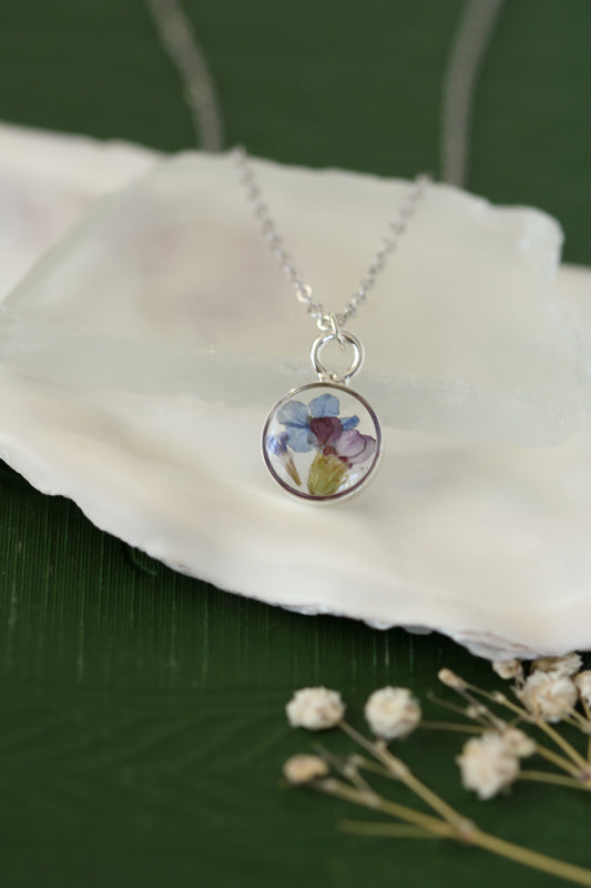 Silver Mini Circle Necklace with Blue Flowers