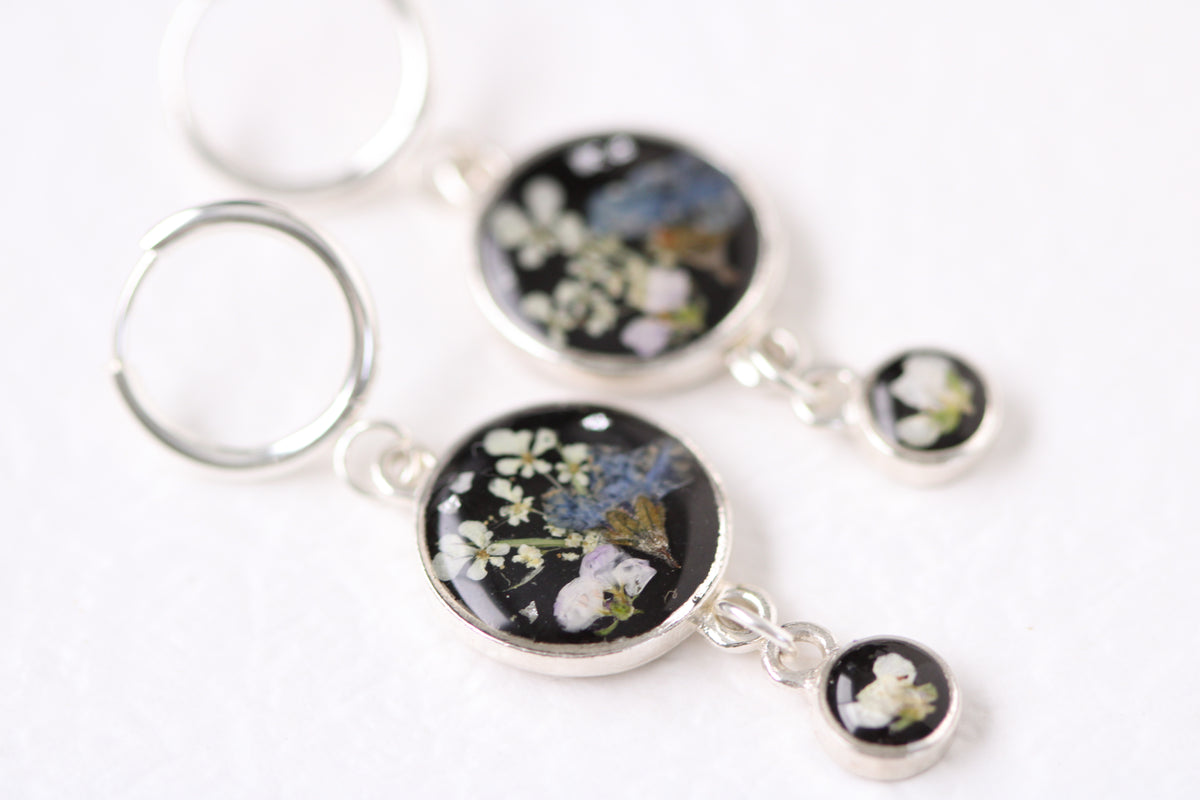 Black and Silver Floral Drop Earrings | Handmade Resin and Flower Earrings