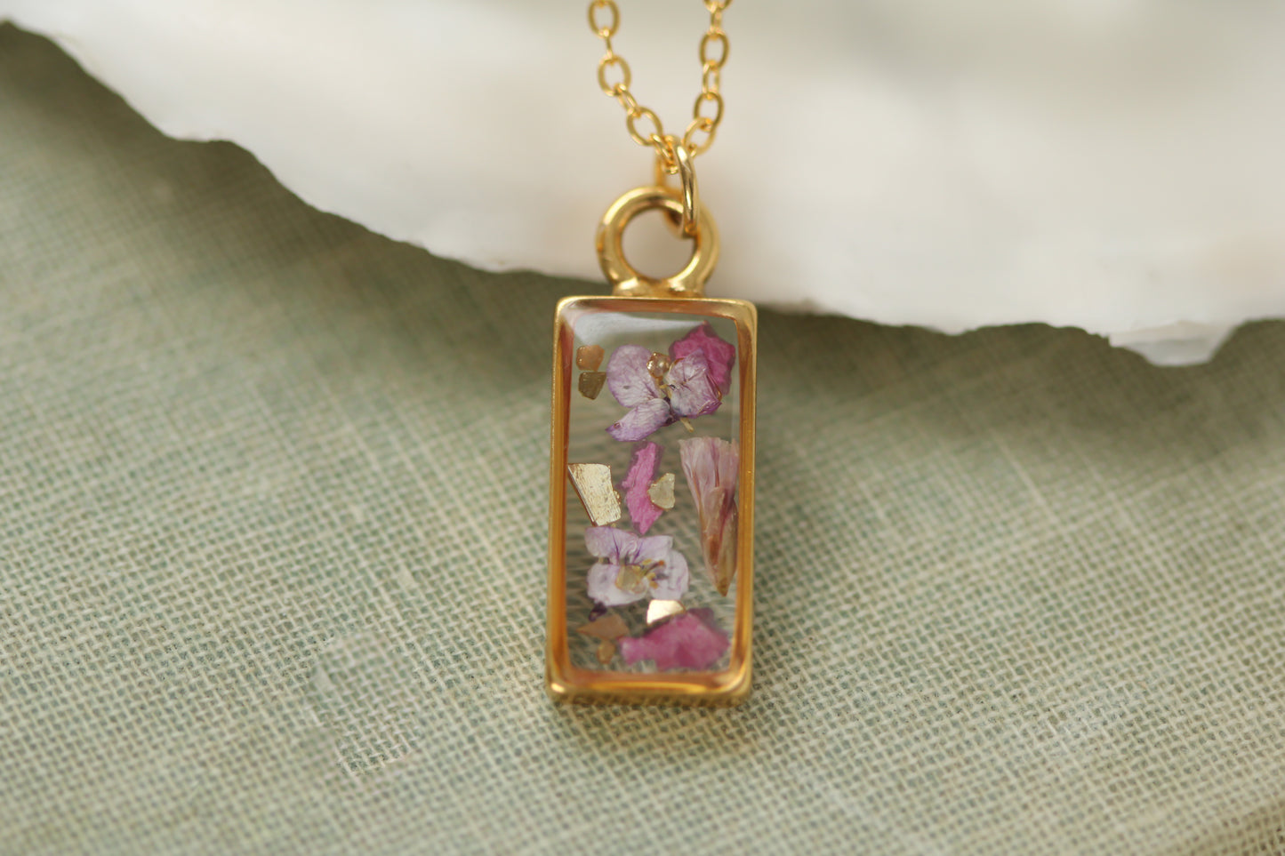 Gold Mini Rectangle Necklace with Pink and Purple Flowers | Handmade Resin Floral Necklace