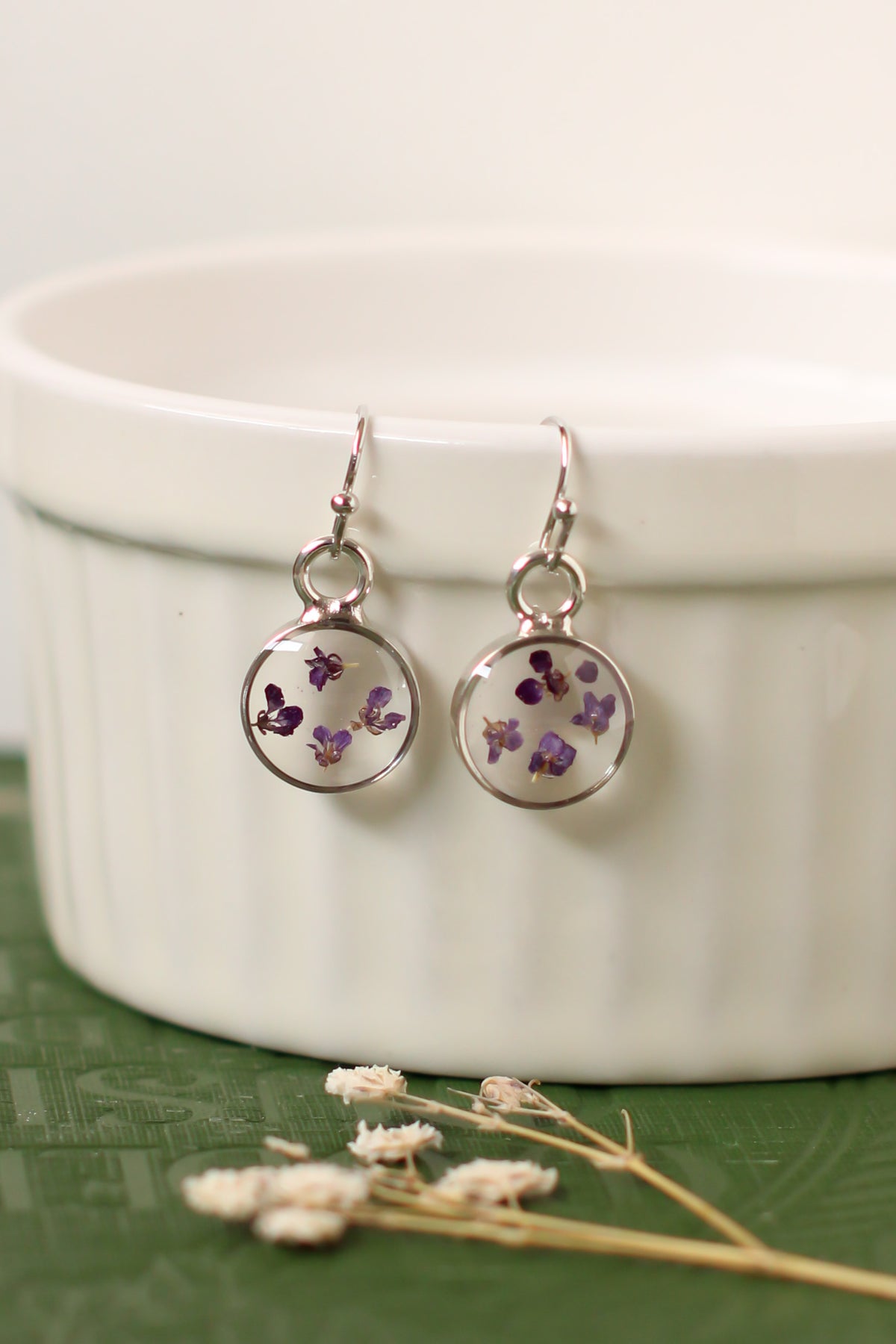 Silver Mini Circle Earrings with Purple Flowers