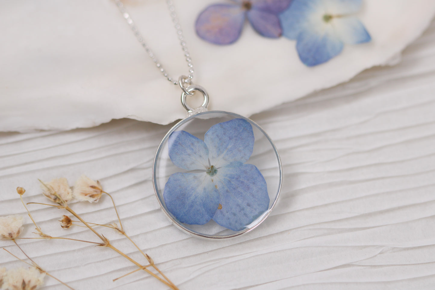 Blue Hydrangea Flower Necklace in Silver | Handmade Resin Botanical Necklace