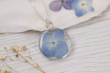 Blue Hydrangea Flower Necklace in Silver | Handmade Resin Botanical Necklace