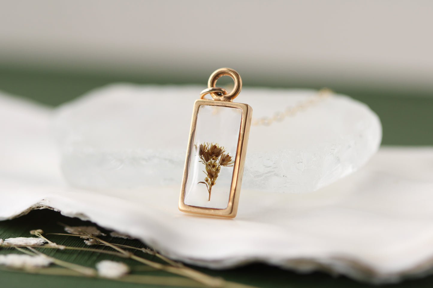 gold rectangular pendant resin and dried flowers solidago, handmade