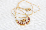 Burgundy and Gold Flower Half Moon Necklace