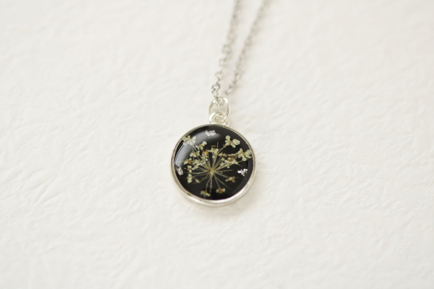 Real Queen Anne’s Lace Circle Necklace in Black and Silver - Handmade Resin and Flower Necklace