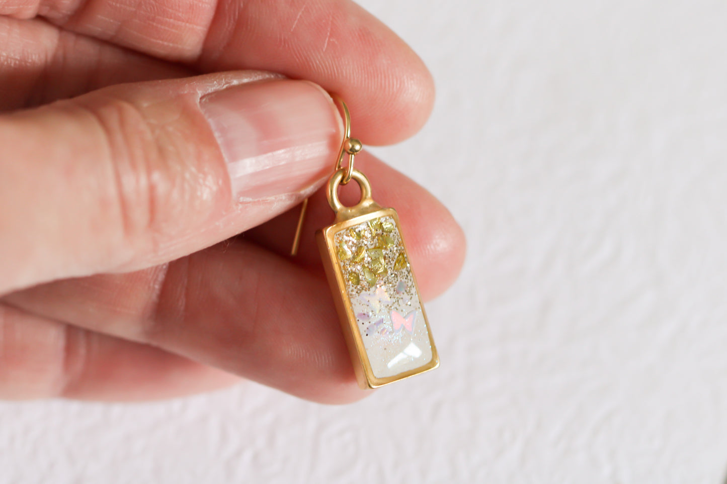 Gold Glittery Rectangle Dangle Earrings with Butterflies | Handmade Resin and Clay Ethereal Earrings