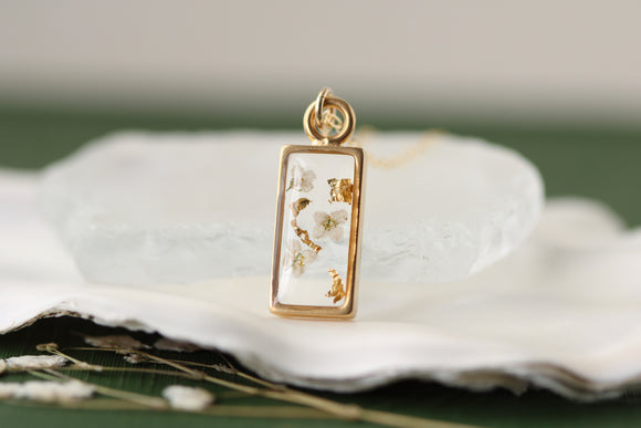 Gold Mini Rectangle Necklace with White Flowers