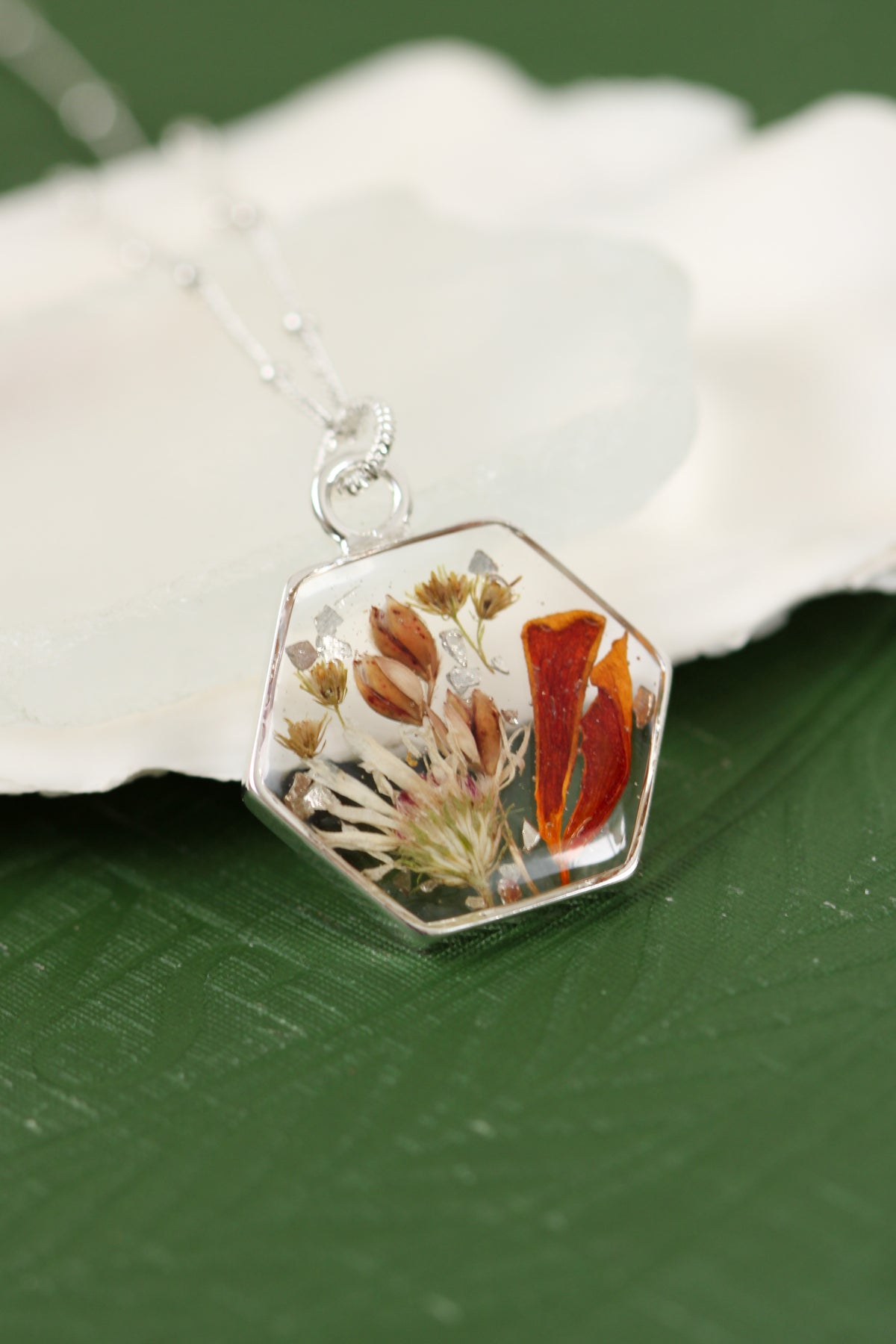 Silver Hexagon Necklace with Marigold and Flowers