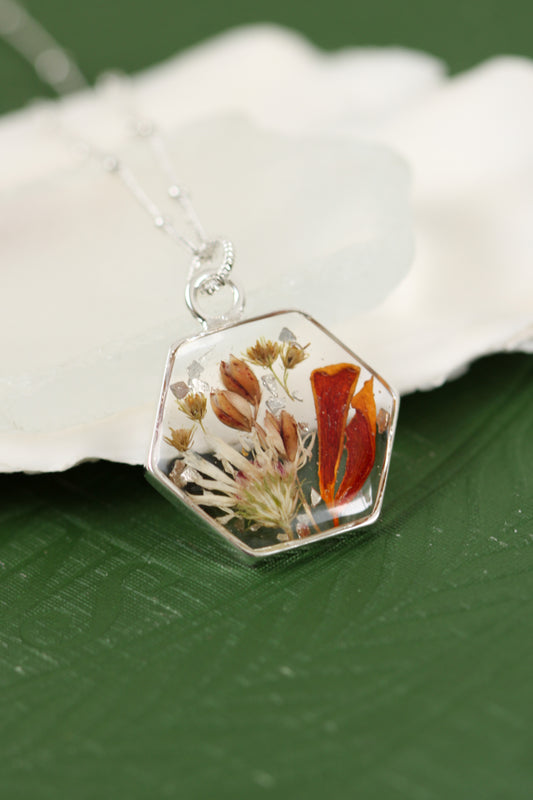 Silver Hexagon Necklace with Marigold and Flowers