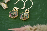 Hexagon Earrings with Pink Flowers in Gold