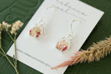 Mini Hexagon Earrings with Pink Flowers in Silver