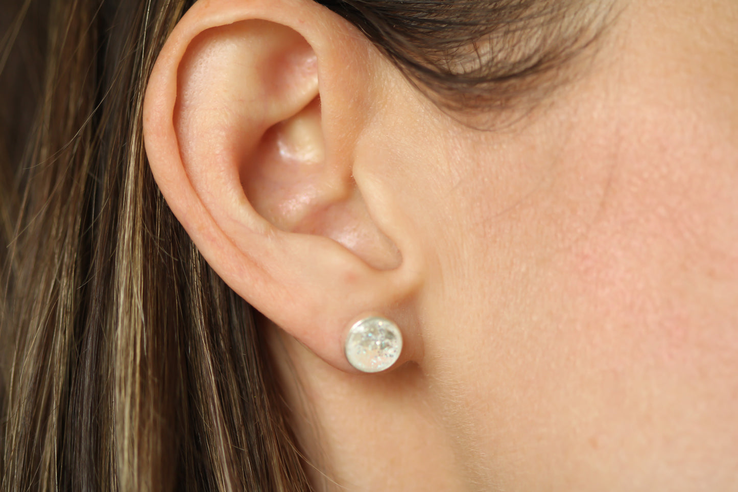 Silver and White Shimmer Stud Earrings