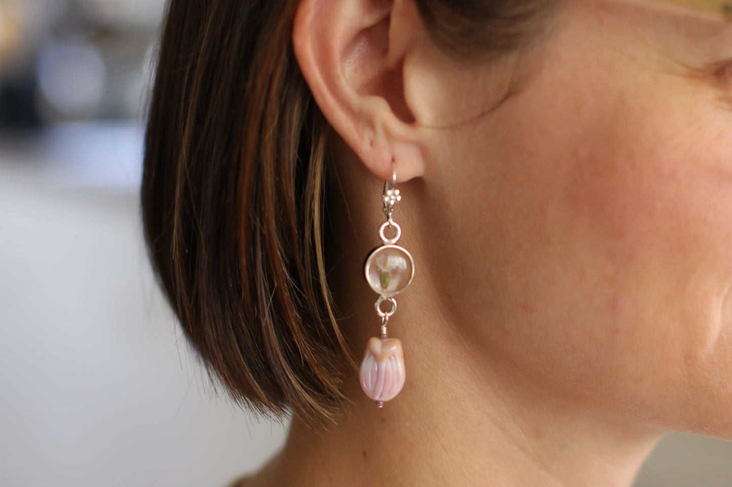Silver and Purple Dangle Floral Tulip Earrings | Handmade Dried Flower and Resin Earrings