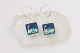 pair of blue and silver square dangle earings handmade resin and clay