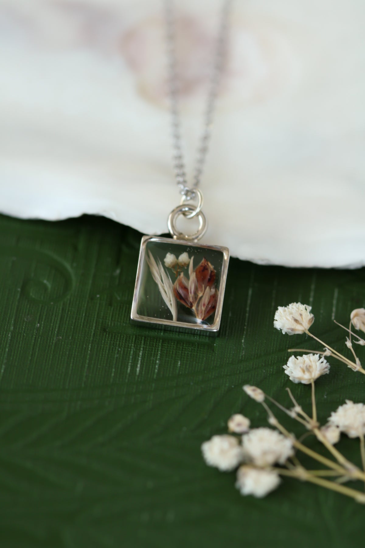 Silver Mini Square Necklace with Grains and Flowers