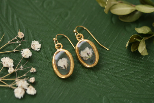 Gold Mini Oval Floral Earrings | Handmade Resin and Baby’s Breath Earrings