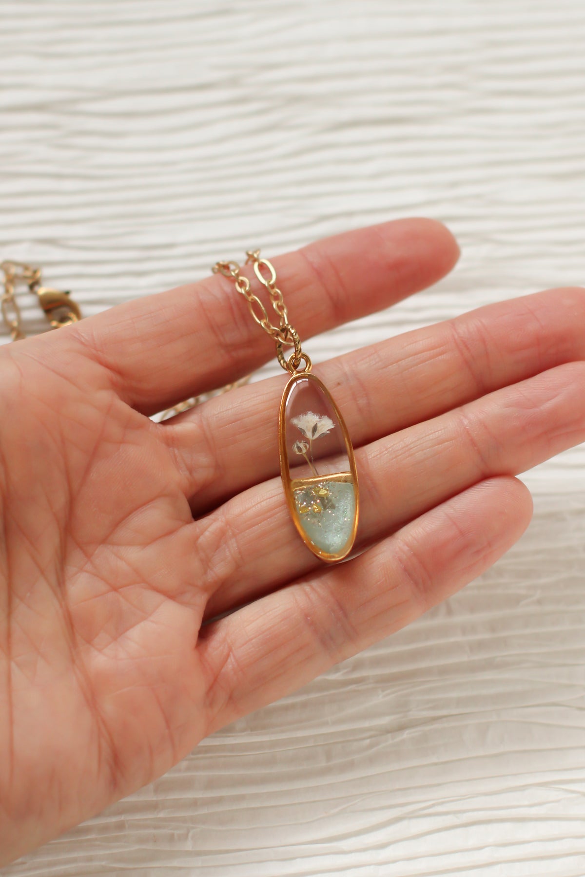 Gold and Sage Green Floral Necklace | Handmade Jewelry with Flowers