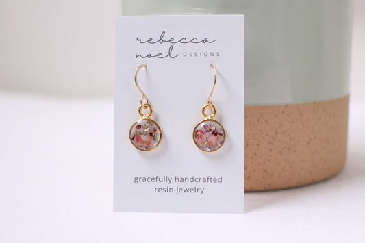Gold Circle Earrings with Pink Flowers