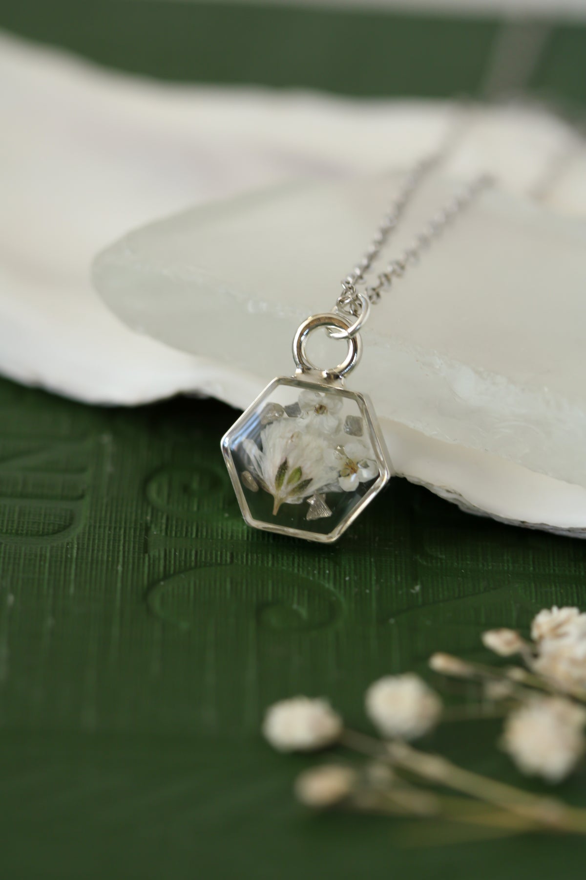 Silver Mini Hexagon Necklace with White Flowers