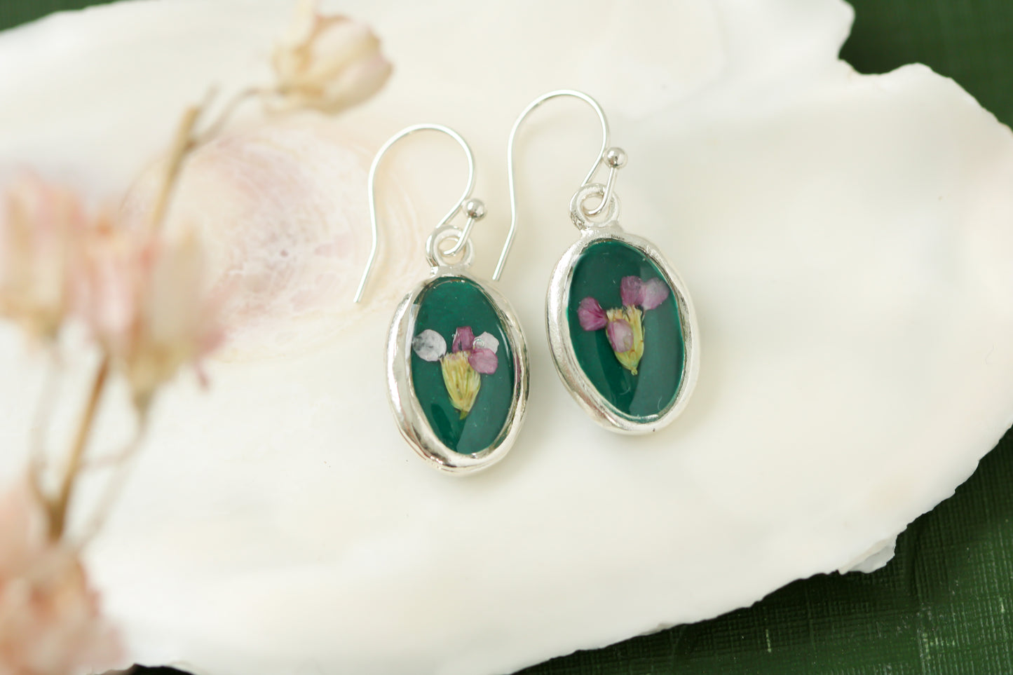 Green and Silver Oval Earrings with Purple Yarrow Flower | Handmade Resin and Flower Earrings