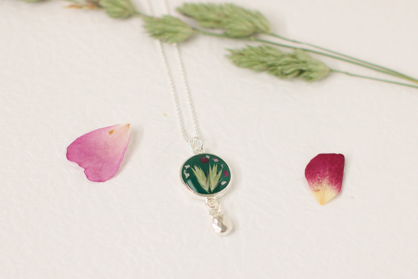 Dark Green and Silver Botanical Necklace with Dangle