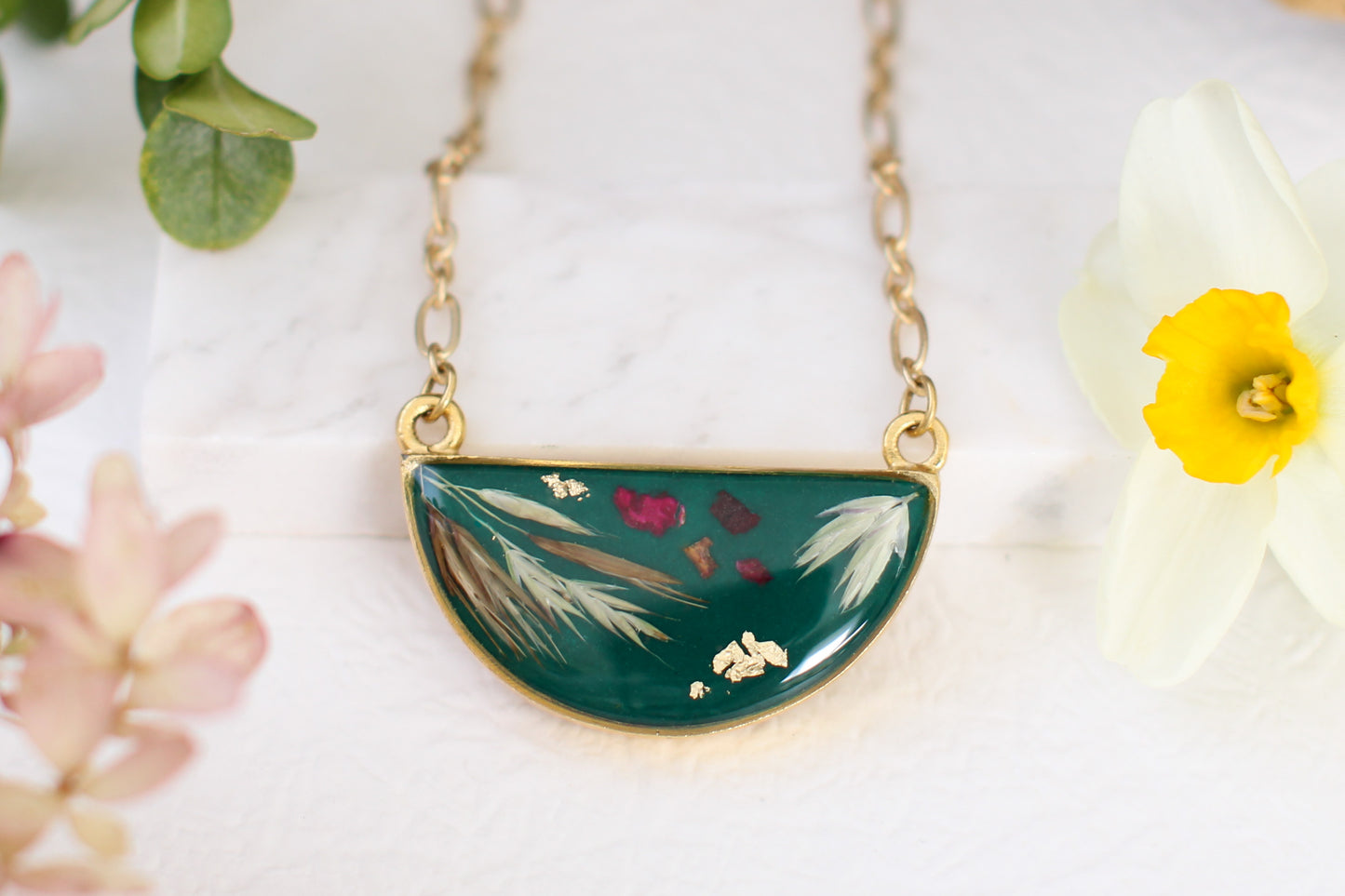 Dark Green Half Moon Botanical Necklace