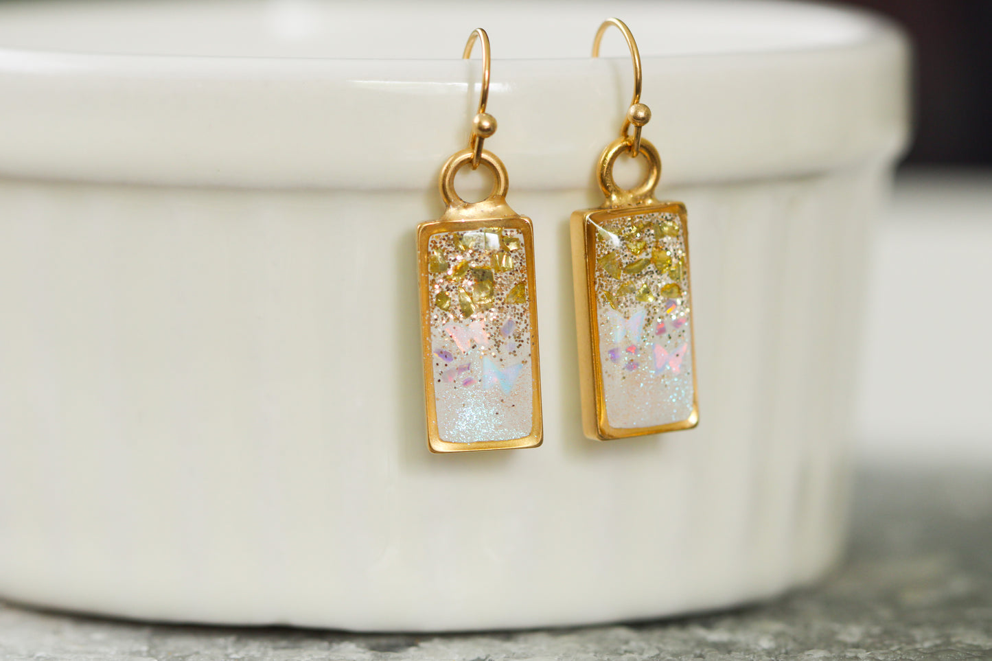 Gold Glittery Rectangle Dangle Earrings with Butterflies | Handmade Resin and Clay Ethereal Earrings