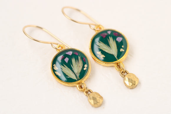 Dark Green and Gold Botanical Earrings with Dangle
