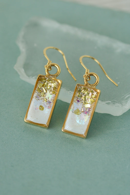 Gold Glittery Rectangle Earrings with Butterflies