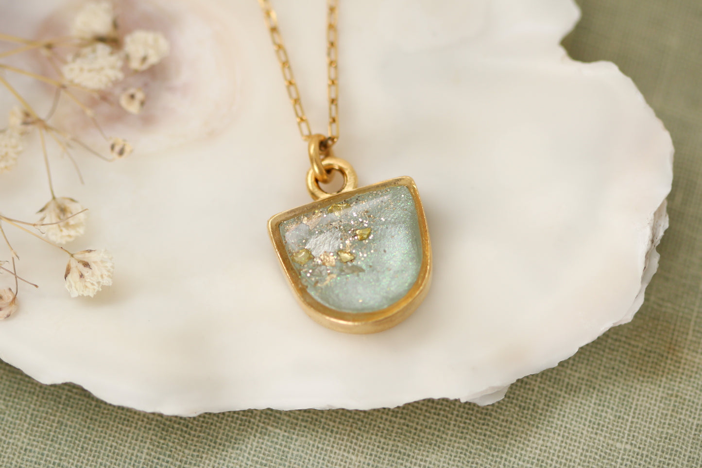 Gold and Sage Shimmer Half Oval Necklace | Handmade Resin and Clay Jewelry