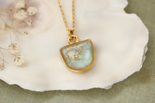 Gold and Sage Shimmer Half Oval Necklace | Handmade Resin and Clay Jewelry