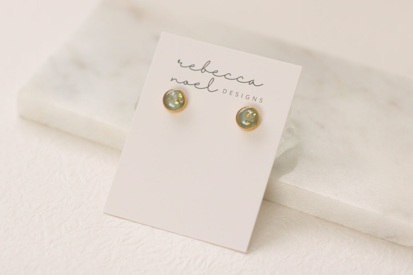 Gold and Sage Shimmer Stud Earrings | Handmade Resin and Clay Earrings
