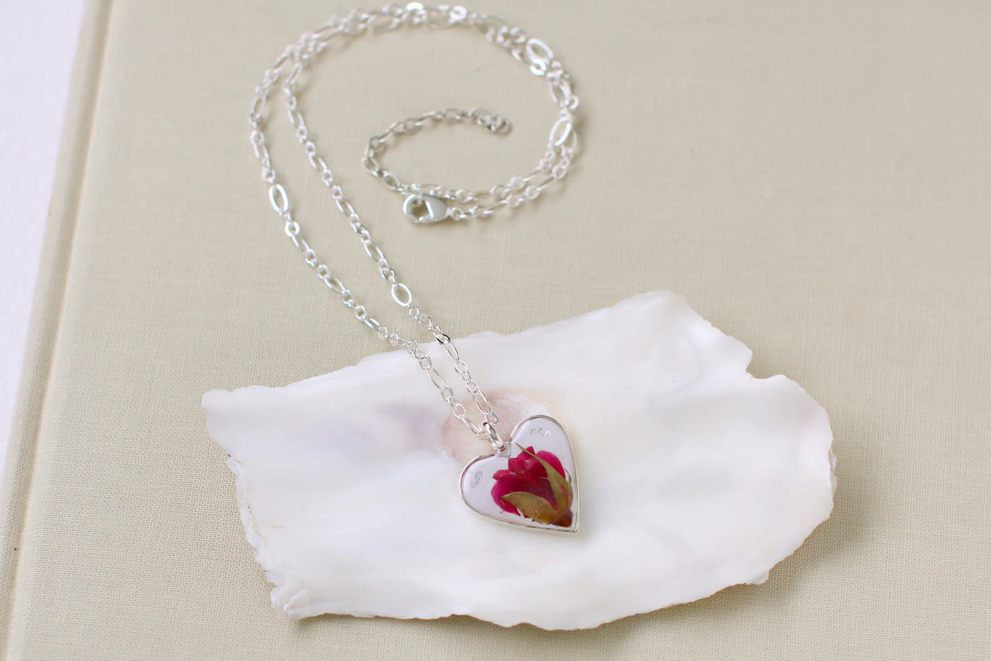 Silver Rose Statement Heart Necklace | Handmade Resin and Dried Rose Necklace